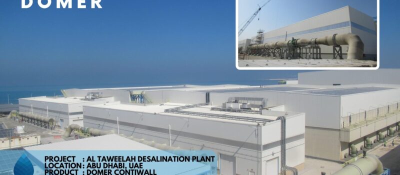 "DOMER ContiWall CL40 polycarbonate facade installed at Al Taweelah Desalination Plant, showcasing the seamless, waterproof, and highly durable translucent walls designed for industrial efficiency and superior natural lighting.
