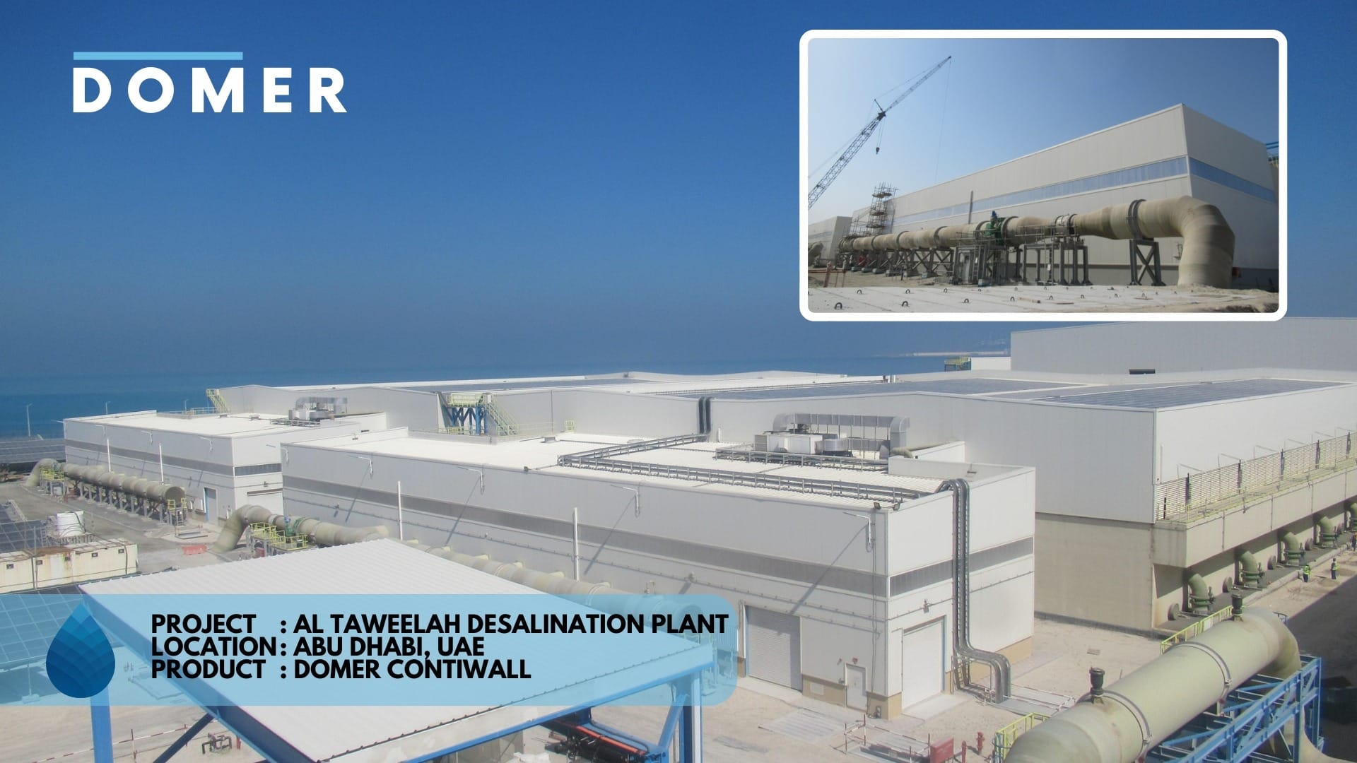 "DOMER ContiWall CL40 polycarbonate facade installed at Al Taweelah Desalination Plant, showcasing the seamless, waterproof, and highly durable translucent walls designed for industrial efficiency and superior natural lighting.