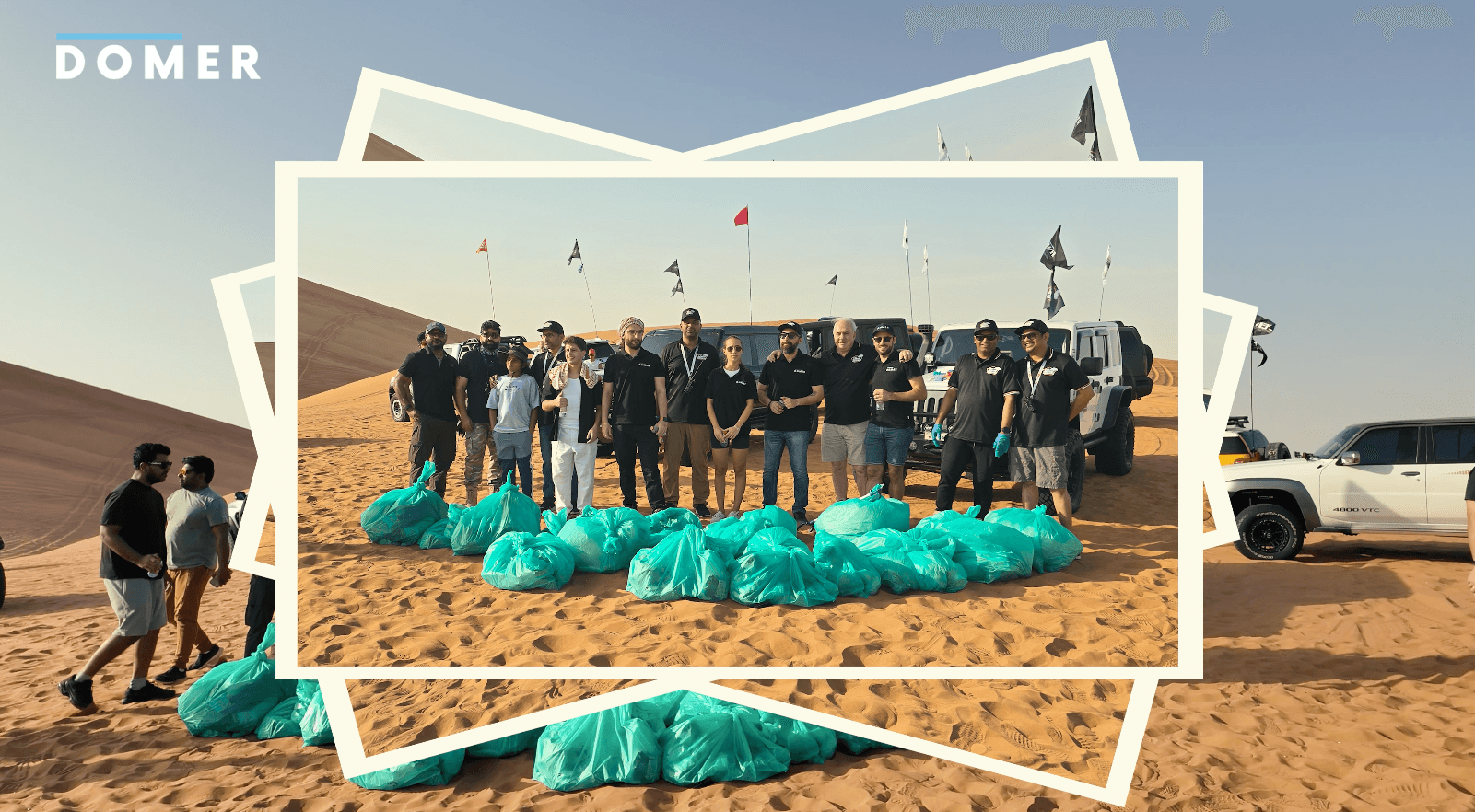 DOMER team standing in the desert beside collected bags of plastic waste after a successful clean-up initiative on May 3rd, 2025, demonstrating their commitment to sustainability and environmental responsibility.